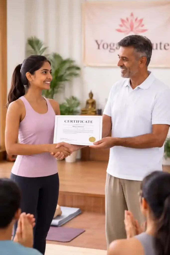 Certified yoga trainer receiving certificate at yoga institute in India