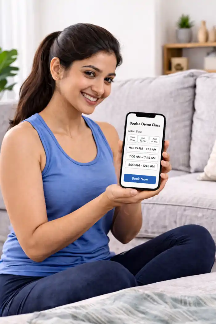 Personal yoga client booking demo class on mobile at home