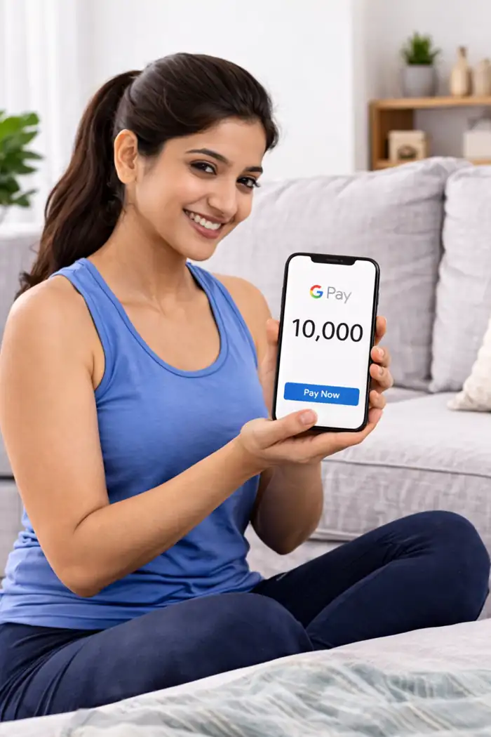Yoga trainer showing monthly plans 10000 and 15000 to client at home
