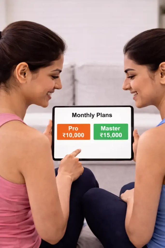 Yoga trainer showing monthly plans 10000 and 15000 to client at home